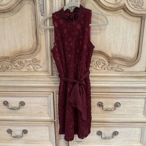 Tie neck mid length dress with silk tie waist